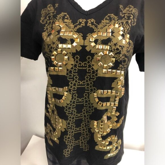 REDBRIDGE STUDDED V NECK DRAGON T SHIRT IN BLACK AND GOLD IN SIZE M - Picture 4 of 6